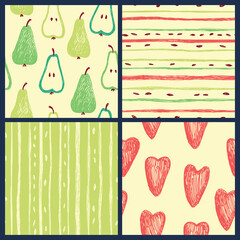 A set of patterns with fruits, polka dots, hearts and stripes.