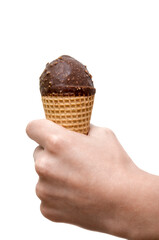Hand holding ice cream isolated on white background