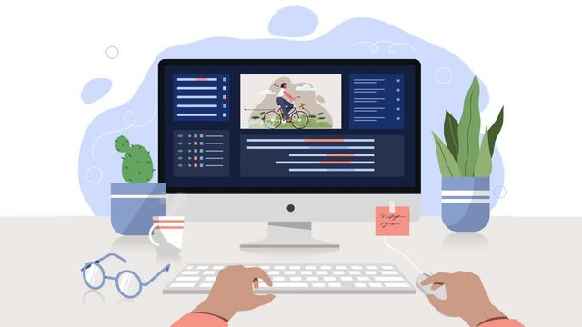 Profession of animator video concept. Workspace with pop up computer, keyboard and program for work. Moving man creates dynamic clips with his own hands. Graphic animated cartoon for landing page