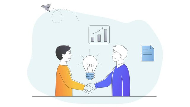 Startup launch video concept. Moving male entrepreneurs shake hands and conclude business partnership agreement. Colorful clip with pop up elements. Graphic animated cartoon in line style for websites