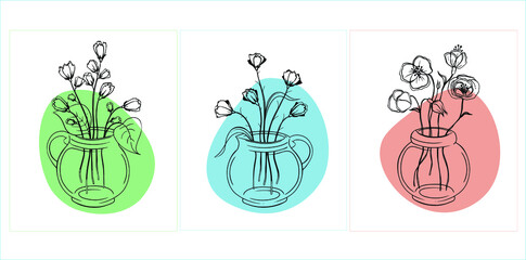 Vector contour set with 3 bouquets of flowers in glass vases on color isolated backgrounds. Banner, art, concept of holidays. Flower arrangement. Included in the set of illustrations 