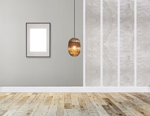 Fototapeta na wymiar empty interior design with wooden floor and decorative stone wall. 3D illustration