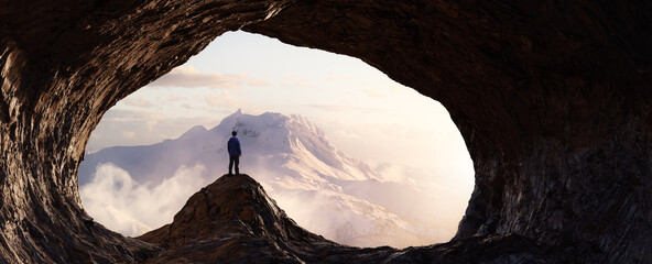 Dramatic Adventurous Scene with Man standing inside a Rocky Cave Landcspae. 3d Rendering. Sunset Sky. Aerial Mountain Image from British Columbia, Canada. Adventure Concept