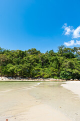 Kata beach in Phuket, Thailand, beach with clear water, white and golden sand, blue sky, in tropical vacation area.  a beach holiday  photo with copyspace.