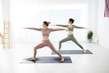 Obraz premium yoga, health, lifestyle, flexibility, fitness, women, two, workout, instructor, asana, activity, adjustments, balance, beautiful, beginner, body, concentration, contemplation, corrections, exercise, f