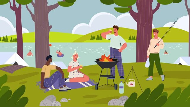 Barbecue in forest video concept. Clip with moving friends roasting meat on fire, discussing news and having fun outdoors. Male and female characters at picnic. Graphic animated cartoon for websites