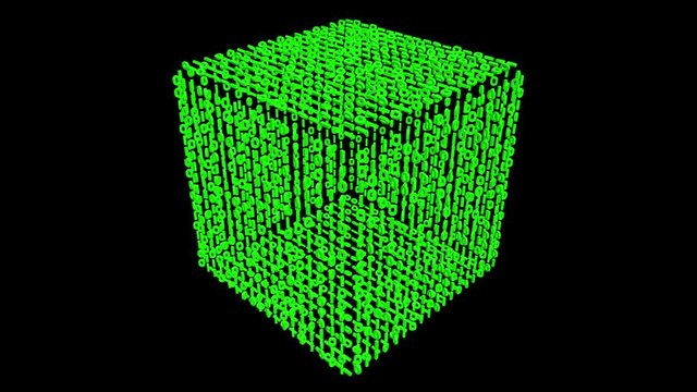 Magical Digital Cube 3D animation. VJ loops. Transparent background. Rotating numbers on the 3D cube.
