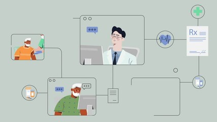 Online consultation with doctor video concept. Moving therapist conducts examination and diagnoses patients via video communication. Remote medical care. Graphic animated cartoon for websites