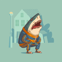 Funny laughing shark. Vector illustration. Laughing anthropomorphic shark, wearing a sport suit, sitting on his haunches against buildings' silhouettes. Animal character with human body. Furry.