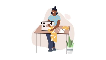 Fashion designer video concept. Moving woman seamstress sitting at her desk and sewing dress on sewing machine. Dressmaker creates trendy stylish clothes. Graphic animated cartoon in line style