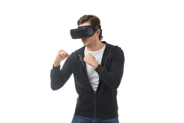 Man playing fighting VR videogame