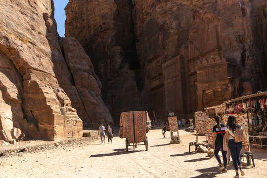 travel among rocks and sand to ancient city Petra in Jordan