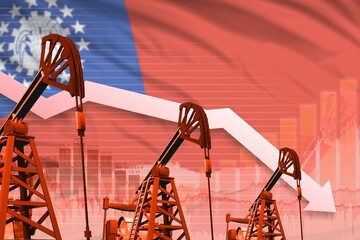 lowering down chart on Myanmar flag background - industrial illustration of Myanmar oil industry or market concept. 3D Illustration