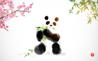 Panda, sakura in blossom and bamboo on white background. Traditional oriental ink painting sumi-e, u-sin, go-hua. Translation of hieroglyph - well-being