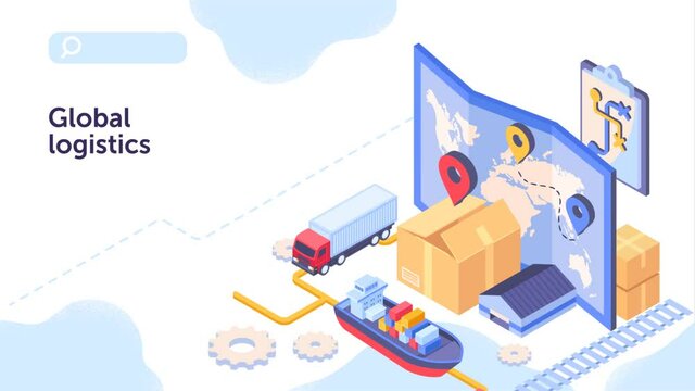 Global Logistics video concept. Colorful clip with moving truck, train, ship and airplane with cargo and parcels. Delivery of goods from different countries of world. Graphic animated cartoon