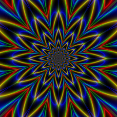 Dark Star  A twelve point concentric circle star design in blue, yellow, green and red. - 480222562