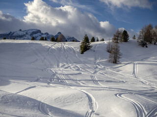 dolomites snow panorama alpine ski off slope tracks