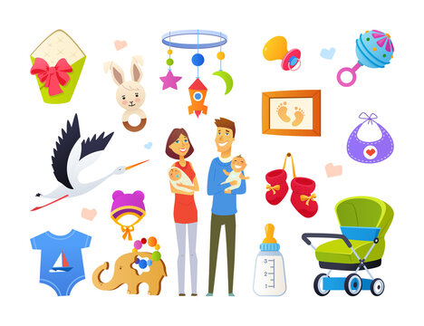 Happy parenting - colorful flat design style objects set