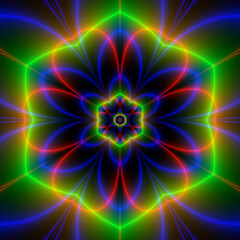 Flower Glow / A neon flower design in green, blue and red on a dark background. - 480222978