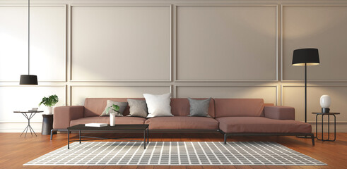 Luxury living room with modern sofa and coffee table, wall cornice and wood floor. 3d rendering