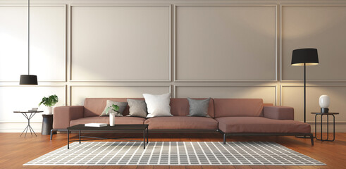 Luxury living room with modern sofa and coffee table, wall cornice and wood floor. 3d rendering © Phongphan