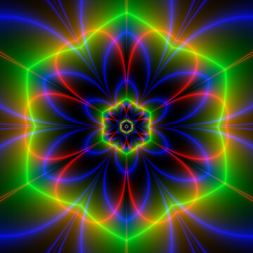 Flower Glow / A neon flower design in green, blue and red on a dark background.