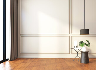Luxury empty room with side table and hanging lamp, wall cornice and wood floor. 3d rendering