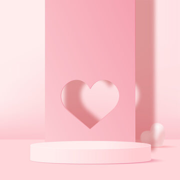 Concept of love and Valentine day with pink podium and 3d hearts. Vector illustration.