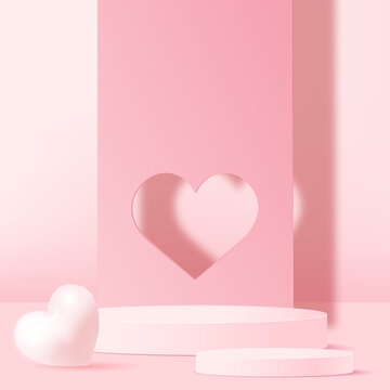 Concept of love and Valentine day with pink podium and 3d hearts. Vector illustration.