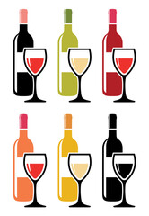 vector set of colorful icons of red wine bottles with wine glasses