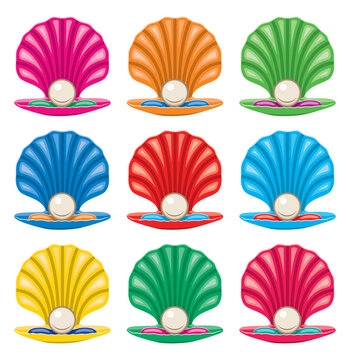 vector colorful set of pearl in a shell icons