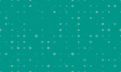 Seamless background pattern of evenly spaced white vision symbols of different sizes and opacity. Vector illustration on teal background with stars