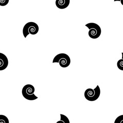 Seamless pattern of repeated black marine nautilus symbols. Elements are evenly spaced and some are rotated. Vector illustration on white background