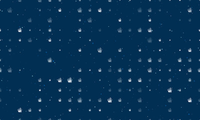 Seamless background pattern of evenly spaced white seaweed symbols of different sizes and opacity. Vector illustration on dark blue background with stars