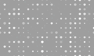 Seamless background pattern of evenly spaced white sea shell symbols of different sizes and opacity. Vector illustration on gray background with stars