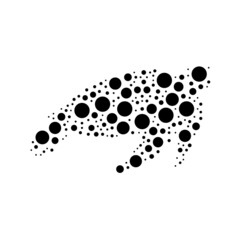 A large sea turtle symbol in the center made in pointillism style. The center symbol is filled with black circles of various sizes. Vector illustration on white background