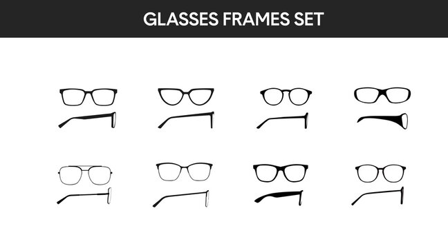 Vector isolated Illustration of a Glasses Frame Set. Set of Black glasses Frame Front and Side View