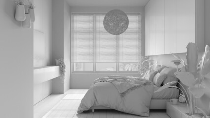 Total white project, panoramic minimalist bedroom with parquet, big window, house plants, soft duvet and pillows. Eco green concept, interior design