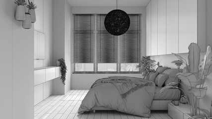 Unfinished project, panoramic minimalist bedroom with parquet, big window, house plants, soft duvet and pillows. Eco green concept, interior design