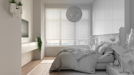 Architect interior designer concept: unfinished project that becomes real, panoramic minimalist bedroom, parquet, window, house plants, duvet, pillows. Eco concept, interior design