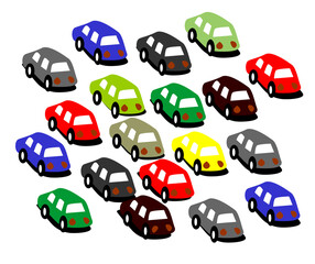 Colored cars stopped in a traffic jam. Aerial view. Cartoon style vector illustration isolated on white background.