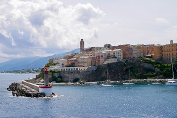 Fototapeta na wymiar Panoramic view of old harbor and old town of Bastia. Corsica, France.