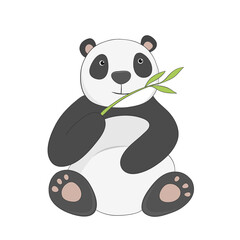 Funny panda with green bamboo branch cartoon style hand drawn
