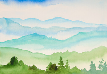 Mountain landscape in blue and green colors made in watercolor on paper.