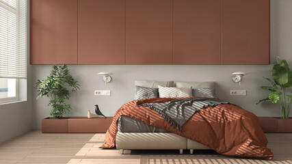 Modern white and orange minimalist bedroom with parquet, big window, house plants, soft duvet and pillows. Eco green concept, interior design