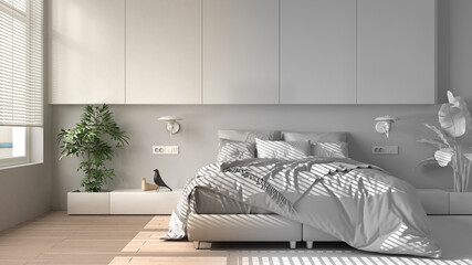 Architect interior designer concept: unfinished project that becomes real, modern minimalist bedroom, parquet, window, house plants, duvet, pillows. Eco concept, interior design