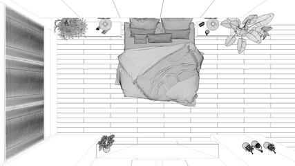 Blueprint project draft, modern minimalist bedroom with parquet, big window, house plants, soft duvet and pillows. Eco green concept, interior design, top view, plan, above