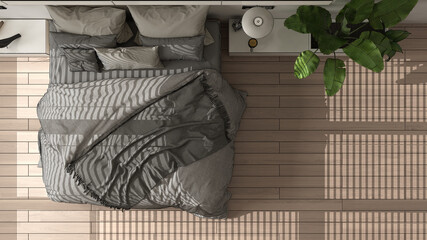 Unfinished project, modern minimalist bedroom with parquet, big window, house plants, soft duvet and pillows. Eco green concept, interior design, top view, plan, above