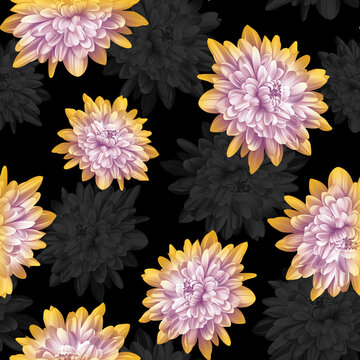 Textile three color flower with black color ground seamless textile print design