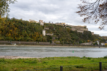 Fototapeta na wymiar German corner, Koblenz were rivers Rhein and Mosel meet. Ehrenbreitstein castle in the background